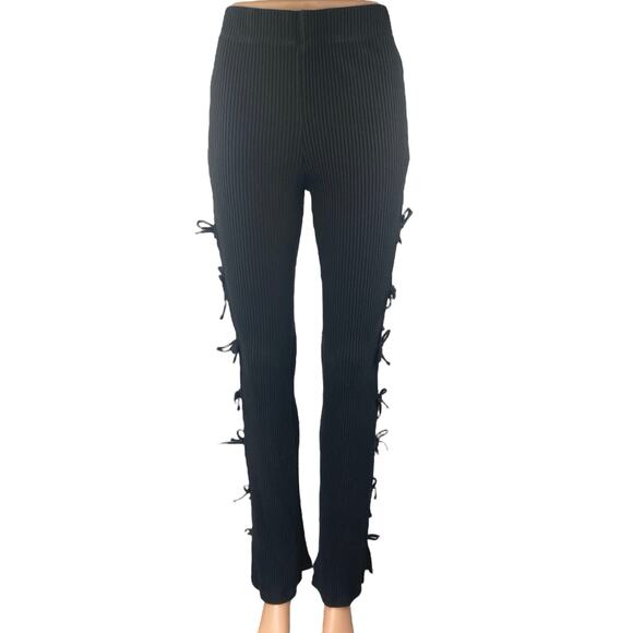 White Fox Women's Black Rib Knit Cutout Knot Side Flared Trousers Pants Size S - Picture 2 of 6